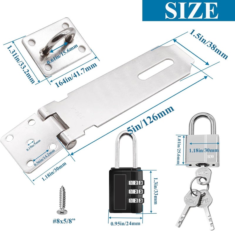 Sunxeke 5 Inch Door Locks Hasp Latch 2 Pack,304 Stainless Steel Safety Padlock Clasp Hasp Lock Latch with Combo Lock & Padlock,Heavy Duty Gate Latch Lock with Screws - Image 2